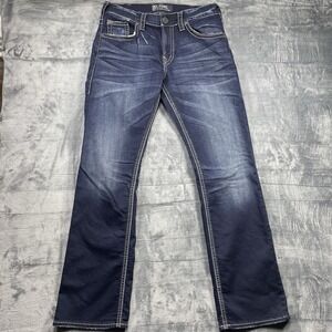 Silver Zac Jeans Men 33x34 Blue Denim Pockets Whiskered Relaxed Fit Straight Leg